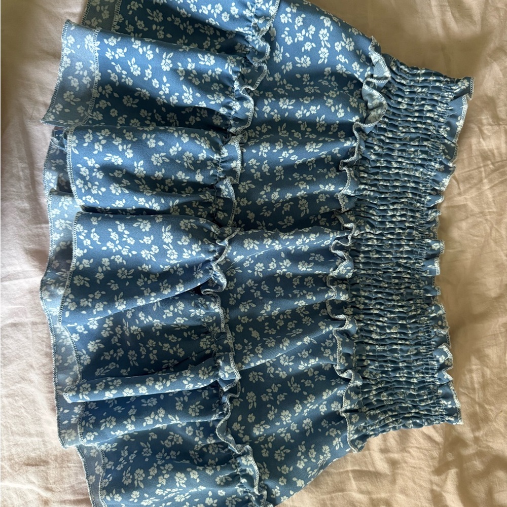 Blue and White Smocked Bubble Mini Skirt